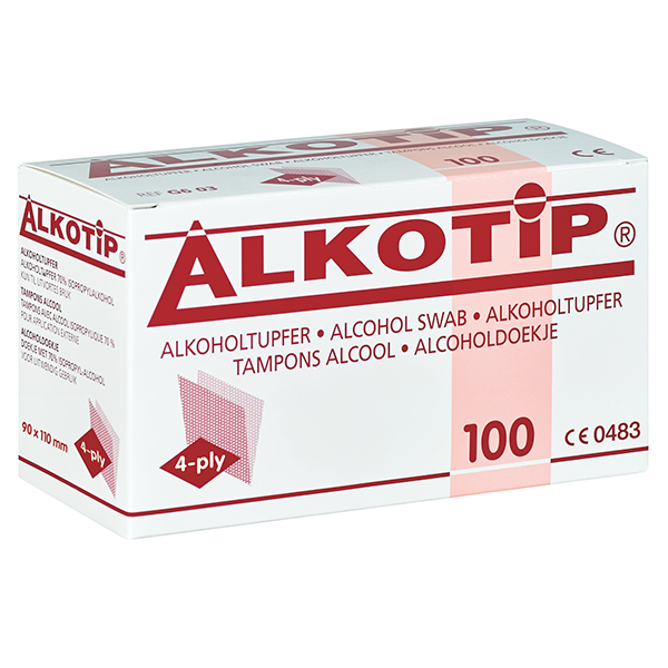 Alkotip Alkoholtupfer large 90 x 110 mm, 4-fach, 100 Stück
